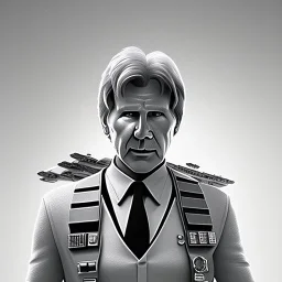 portrait of harrison ford as captain han solo, brown eyes, with realistic and albino facial skin, cinematic lighting, photorealistic, volumetric light and shadow, hyper HD, octane render, unreal engine, insanely detailed and intricate, hyper-realistic, space background, watercolour on white paper