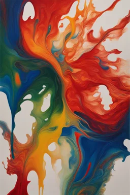 The image is an abstract painting with a white background. The painting is composed of a variety of colors, including blue, red, orange, yellow, green, and red. The colors blend together in a fluid and fluid manner, creating a sense of movement and energy. The blue is on the left side of the painting, with a hint of green on the right side. The red is in the center, with the yellow and orange stripes radiating outwards. The green is on top of the blue, and the red is at the bottom. The overall e