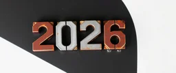 "2026" in squared block letters made of shiny and rusty metal on contrasting background