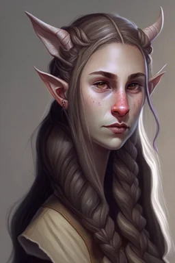 portrait of a young tiefling in her twenties, very light long hair, enclosed in a braid, small ears, small and elegant nose