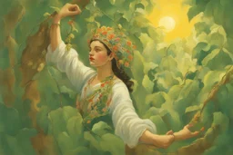 a lush jungle, a woman dressed in embroidered folk costume with a beaded bonnet on her head holding on to a vine with one hand while swinging across and reaching for the next vine with the other, dynamic movement, sunshine