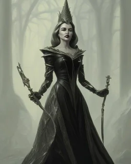 old evil queen in black leather gown, femme fatale, volouptous, busty, cleavage, angry, emperious, 8k resolution concept art portrait by Greg Rutkowski,