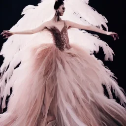 dress made out of feathers sequins and tulle and organza, swirlng, ethereal, heavenly, stunning colors, chiaroscuro, fashion photography, vogue, dramatic, beautiful lighting, delicate composition, aesthetic, ballerina, ballgown