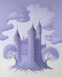 A pale light purple castle with ghosts painted by Rene Magritte