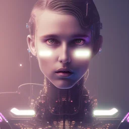 singer Danish MØ face, lumen lighting, led lights, <hanging wires> many wires connected to the head<perfect pupil> <cyborg> <garage> <sci-fi futuristic>