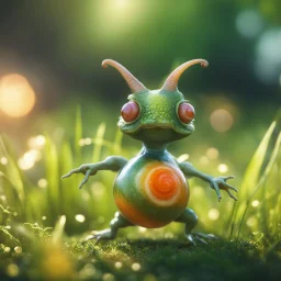 snail gremlin t-pose upper body of kobold made from tinted murano glass in long grass inspecting a melon ,bokeh like f/0.8, tilt-shift lens 8k, high detail, smooth render, down-light, unreal engine,bokeh like f/0.8, tilt-shift lens 8k, high detail, smooth render, down-light, unreal engine