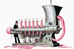 Album art by Gerald Scarfe, by Yves Tanguy, side view of a surreal english school shaped like a sausage maker machine with a mechanical crank, uniformed faceless students walk in one end and pink slime sausage strands are squeezed out the other end, surreal, digital art, sardonic, splash art.