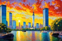 Amazing sunset, buildings, lake, rocks, ships, distant city, trees, sci-fi, konstantin korovin, and claude monet impressionism paintings