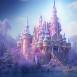 a magical crystal slipper ,snow, blue gold house castle in the woods, magnolias pink,blue lake,sun,white swanns,pink vertical, blue lake,sharp, vines, candlelit, endor, ornate, elegant, highly detailed, artstation, concept art, smooth, sharp focus, illustration, 8k, splash art, wallpaper, key visual