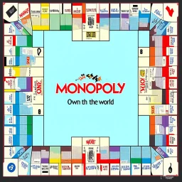 create a custom monopoly style board GAME with: 1 row of EQUAL SIDES 12 SQUARE EACH SIDE WITH A BIG SQUARE IN THE MIDDLE. MAKE THE WRITING IN THE MIDDLE SAY OWN THE WORLD ,