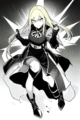 angry blonde girl, angry pose, full body, greyscale