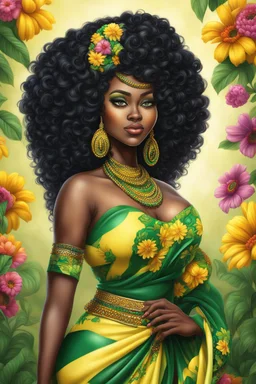 Create a digital airbrush cartoon of a curvy African female wearing Nigeria outfit that's yellow, green and black. Prominent make up with hazel eyes. Highly detailed very long extremely curly black hair. Her skin is smooth and silky. Background of a judge full of colorful flowers