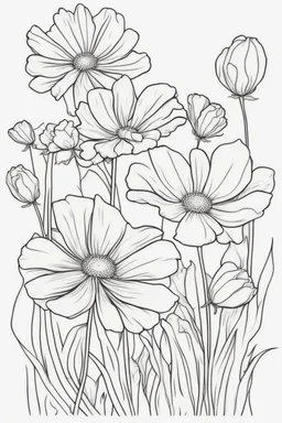 flowers coloring page for kids, cosmos, cartoon style, thick outline, low details, no shading, no color