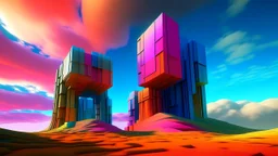 Two massive square structures rise up in a dreamlike landscape, saturated with color.