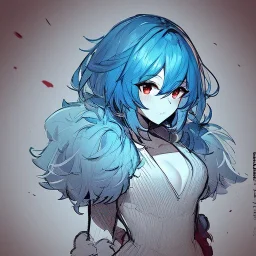 Clear focus, High resolution, rough line sketch art, cute, cartoon, medium blue hair, hair between eyes, fluffy hair, red eyes, barely revealing