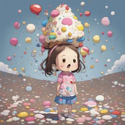 Little girl who has dropped an ice cream cone on ground and is looking at it sadly, by Takashi Murakami, artistic, profound, dramatic, digital illustration