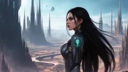 skinny sci-fi girl with long dark hair on an alien planet with tall spires, buildings, bridges, and arches