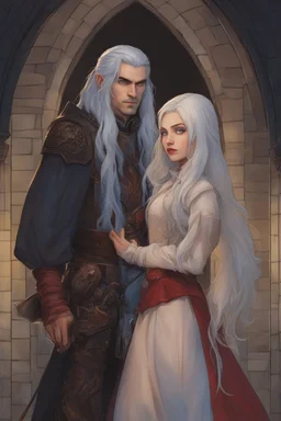 A couple, from the dnd game curse of Strahd. The woman has long white hair and blue eyes, the man has LONG BLACK hair and red eyes, no facial hair. He is standing protectively behind her.