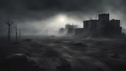 a flat apocalyptic landscape covered in dark gray dust. ancient battle field. dead sun. dark grey fog. seen from the ground. fantasy, horror. no trees