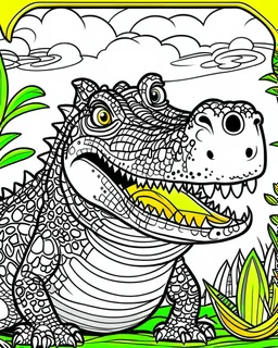 create a 2d black outline, "safari smiling cartoon crocodile coloring book for kids", coloring page, low details design, black contour, coloring page design, simple background, colorful , card style, coloring page for kids, white background, sketch style, safari landscape, cartoon style