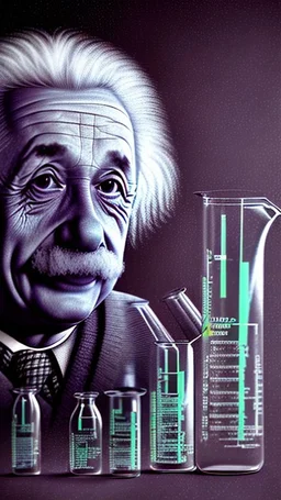 Albert Einstein, detailed and intricate calligraphy ink painting of a "cyborg Mad Scientist" holding beakers, outer space Background cosmic fractals, dystopian, concept art, unreal engine 5, god rays, ray tracing, RTX, lumen lighting, ultra detail, volumetric lighting, 3d, finely drawn, high definition, high resolution. award-winning: professional portrait: atmospheric: commanding: fantastical: clarity: 16k: ultra quality: striking: brilliance: stunning colors: amazing depth: masterfully crafted