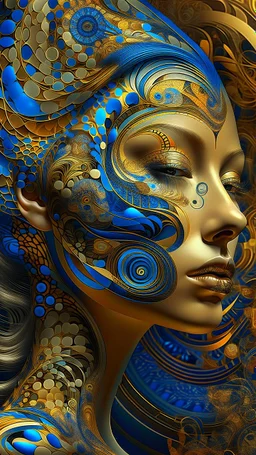 A digital artwork of women face adorned with intricate patterns and designs. The figure's face is covered in swirling lines, circles, and other abstract patterns in hues of mocha, navy and gold.The background is a colorful glass , with abstract patterns that complement the figure's design. The overall ambiance of the image is dreamy and surreal.