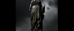 the statue of liberty, dress dirty and torn, her face solemn and terse, trash littered at her feet, she holds a crumpled american flag, she walks away, back to the viewer, under a dark and dreary sky