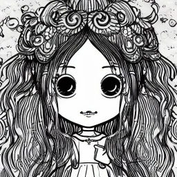 kawaii style coloring page, a cute adorable girl with a long adorable hairstyle with big cute kawaii eyes, fantasy, magical, mystical, unusual, black and white, wavy lines, coloring book page for kids, crisp thick lines and outline art