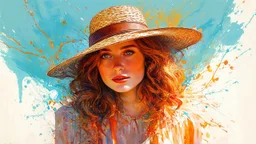 Vintage art, brown and orange shades, sunny day, straw hat for woman, summer dress, splashes of art, in the style of Dante Gabriel Rossetti, Yossi Kotler, Camilla D'Errico, masterpiece, fine art in the style of Carne Griffiths, Paula Hoppe
