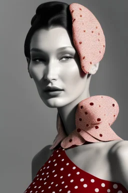 Behold the majestic Bella Hadid a striking figure draped in elegance and refinement as she channels the timeless style of the beloved Princess Margaret during her visit to the exotic land of Trinidad in 1955 donning a ravishing red polka dot dress that effortlessly showcases her effortless grace and a pair of pristine white gloves that exude regal sophistication all while strutting down the illustrious Rodarte catwalk with a confidence that leaves mere mortals in awe and admiration