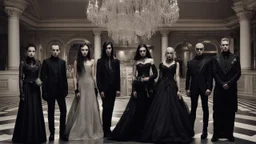 goth fashion, women and men in goth clothes and jewelry, at an elegant party in a grand ballroom. Group photo. high detailed, sharp focus, looking at the camera, cinematic, masterpiece, high realistic, perfect photo