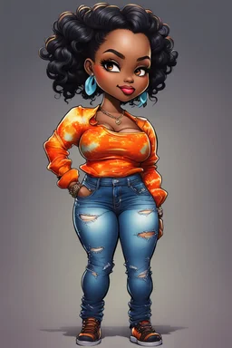 vibrant psychedelic comic book image, airbrush, 48k, cartoon art of a chibi curvy black female wearing torn jeans pants and a orange tie dye off the shoulder blouse. Prominent make up with lush lashes. Highly detailed sleek wavy ponytail