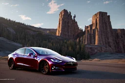 A Tesla 'Model S' is parked, near the 'Devils Tower' in Wyoming. (CINEMATIC, WIDE ANGLE LENS, PHOTO REAL)