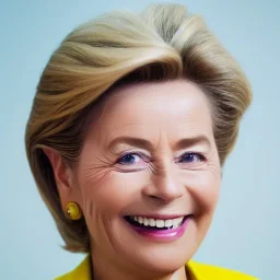 Ursula von der Leyen, 3d animation, Pixar Studio movie style, pixar's UP style, rounded face, laughing wrinkles, eye wrinkles, big circular reflective eyes, exaggerated cheekbones, huge forehead, huge haircut, unreal engine cinematic smooth, cartoonish, portrait of a politician,