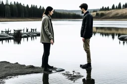 An image of two people exchanging criticism in a constructive and respectful manner, standing on the ground with a lake behind them