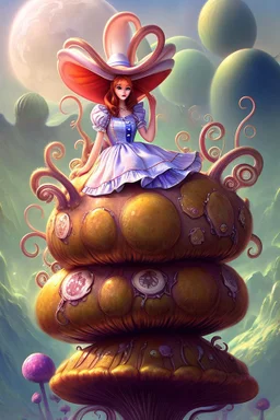 Alice in Wonderland, in a space suit, sitting on a huge mushroom, with tentacles hanging down, in an alien landscape