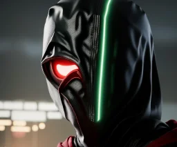 Ermac, mask and hood, highly detailed, hyper-detailed, beautifully color-coded, Cinematic, Color Grading, Editorial Photography, Depth of Field, DOF, Tilt Blur, White Balance, 32k, Super-Resolution, Megapixel, ProPhoto RGB, VR, Half rear Lighting, Backlight