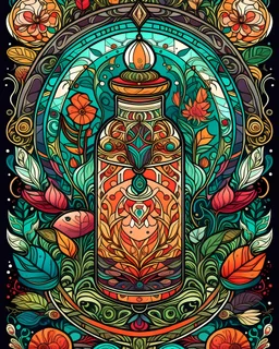 front cover book libro infantil, A majestic Witch Bottle Stained Glass illustration at the mandala's center, surrounded by intricate patterns and floral motifs. of a Fantasy technicolor