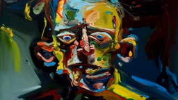 A deformed, disfigured figure with blurred, grainy facial features and poor anatomy, executed in a distorted, abstract art style with bright, complementary colors and subtle, expressive details, inspired by the avant-garde works of Francis Bacon, the emotional brushstrokes of Egon Schiele and the abstract expressionism of Willem de Kooning, with a combination of loose, gestural lines and rough, textured surfaces, as well as a prominent, scratched signature in the corner, as if it were a rough dr