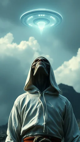 The creature from the the movie Prometheus with white hooded clothes looking up at ufo in the sky front view