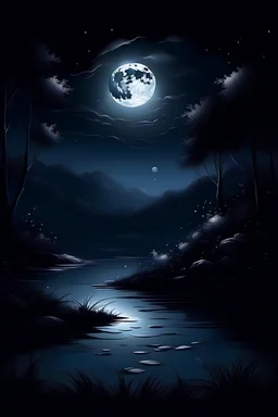 "Create an AI art piece that portrays the captivating interplay of moonlight in a dark night. Visualize a tranquil nocturnal landscape where the moonlight softly illuminates the world, casting enchanting shadows. Capture the stillness and mystery of the night under the moon's gentle glow."