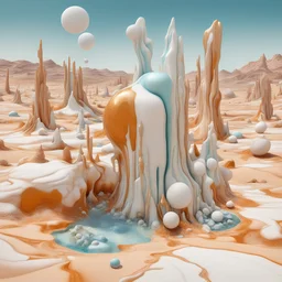 Bright, glittering, 3d, marble-like, surreal objects in a bright environment, desert, noon light, melting cream, Yves Tanguy style