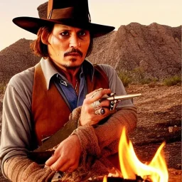 johnny depp as indiana jones smoking, around a fire, in the desert, photo shoot