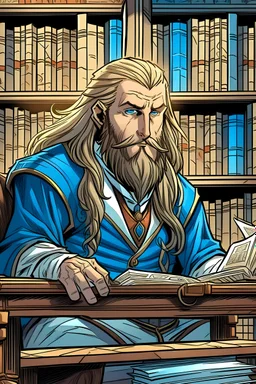 royal scribe sitting in library, noble face, blue eyes, full beard, long blonde hair, digital comic style