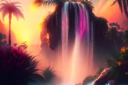 waterfall falling from the heavens with palm trees, rock, flowers, colorful, sunset, warm colors, mist, cinematic, depth of field, realistic, hyper-realistic, lifelike