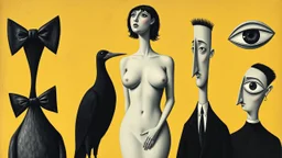 This is a digital image of an abstract painting by René Magritte titled "The Lovers." The artwork features a monochromatic palette dominated by black and white tones on a yellowish background. The painting includes surreal, dream-like elements like a bowtie-shaped figure, a bird with a bow tie, a nude woman, and a man with an oversized eye. The figures are arranged in a seemingly chaotic yet balanced composition. The texture is smooth with a slight graininess, typical of early 20th-century surre