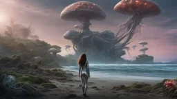 detailed matte painting of a wide-angle shot of a woman standing on the right-hand side of an alien beach, with dark hair in a silver robotic catsuit, many floating mushroom with jellyfish tentacles, alien jungle trees in the distance, deep colour