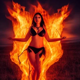 woman made of fire, succubus, fire clothes, full body portrait, long flowing hair, only wearing fire-colored bikini, highly detailed, real life photo, photo quality, extremely detailed, high quality, standing in fire