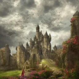 Epic Castle into sky, with flowers of fyre. Huge clouds and birds. Shy girl going out of the main gate. Detailed painting, sharp color, medieval, intricate detail, far sceen, realistic colors, medieval concept art. spring.