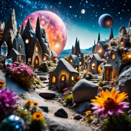 Close-up photograph of a village, naïve, people, flowers, houses, rock formations, stars and planets, animals, crystals, mineral concretions, extreme detail, intricate, volumetric light, colours, Tim Burton, Max Ernst, Yves Tanguy, sparkles, bokeh